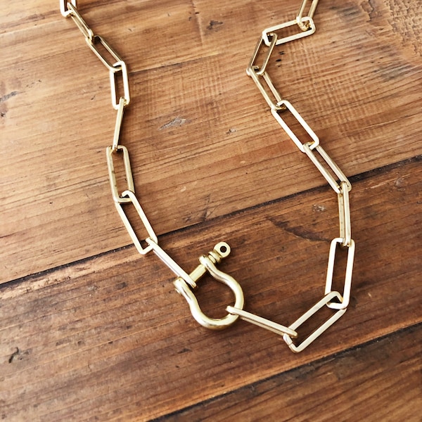 Rocker Jewelry, Shackle Lock Link Necklace, VINTAGE Raw Brass