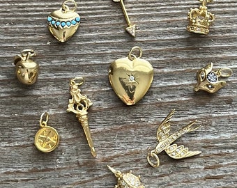 Fox, Dove, Crown, Watch Key, Compass, Arrow, Apple, Gold Charms, Vintage Charms
