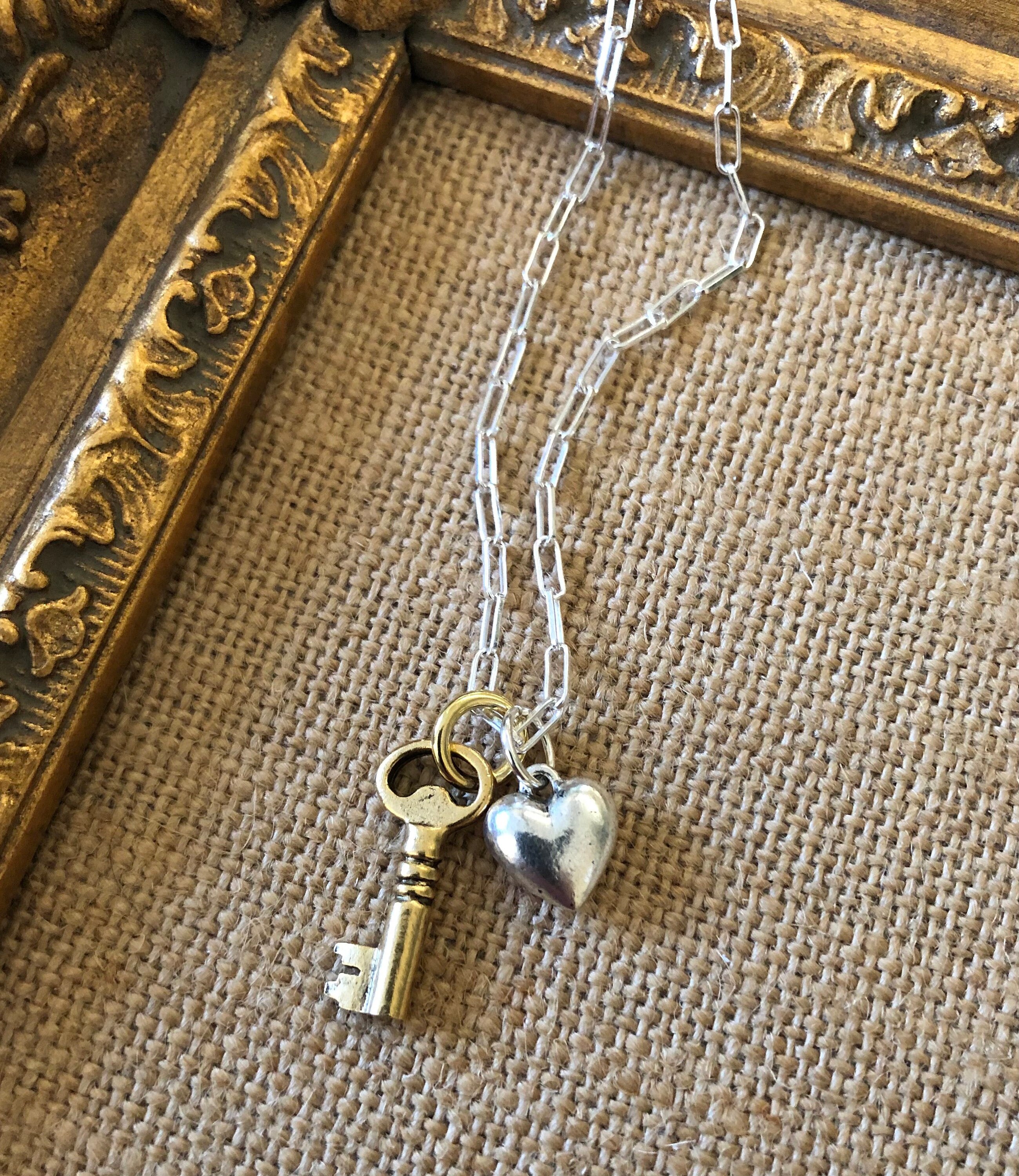 Sterling Paperclip Link Chain Necklace with Mushroom and Heart