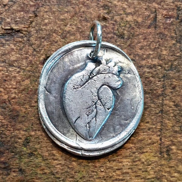 Anatomical Heart Pendant,  Cardiac Nurse Jewelry,  Fine Silver Heart, Wax Seal Jewelry