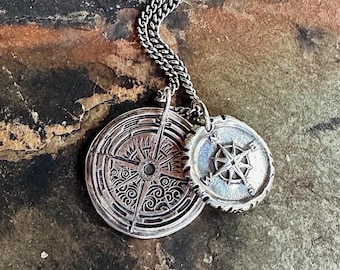 Silver Wind Rose Compass, La Vie Dansante Pendant, Wax Seal Jewelry