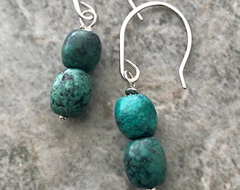Turquoise Dangle Earrings: Sterling Silver, King Manassa Mine