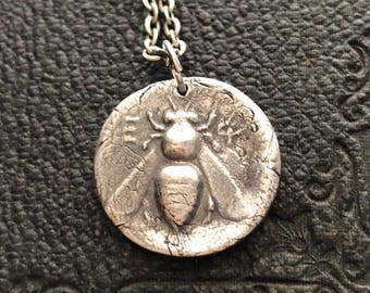 Silver Greek Coin BEE Pendant, Artemis Bee, Wax Seal Jewelry, Bee Jewerly