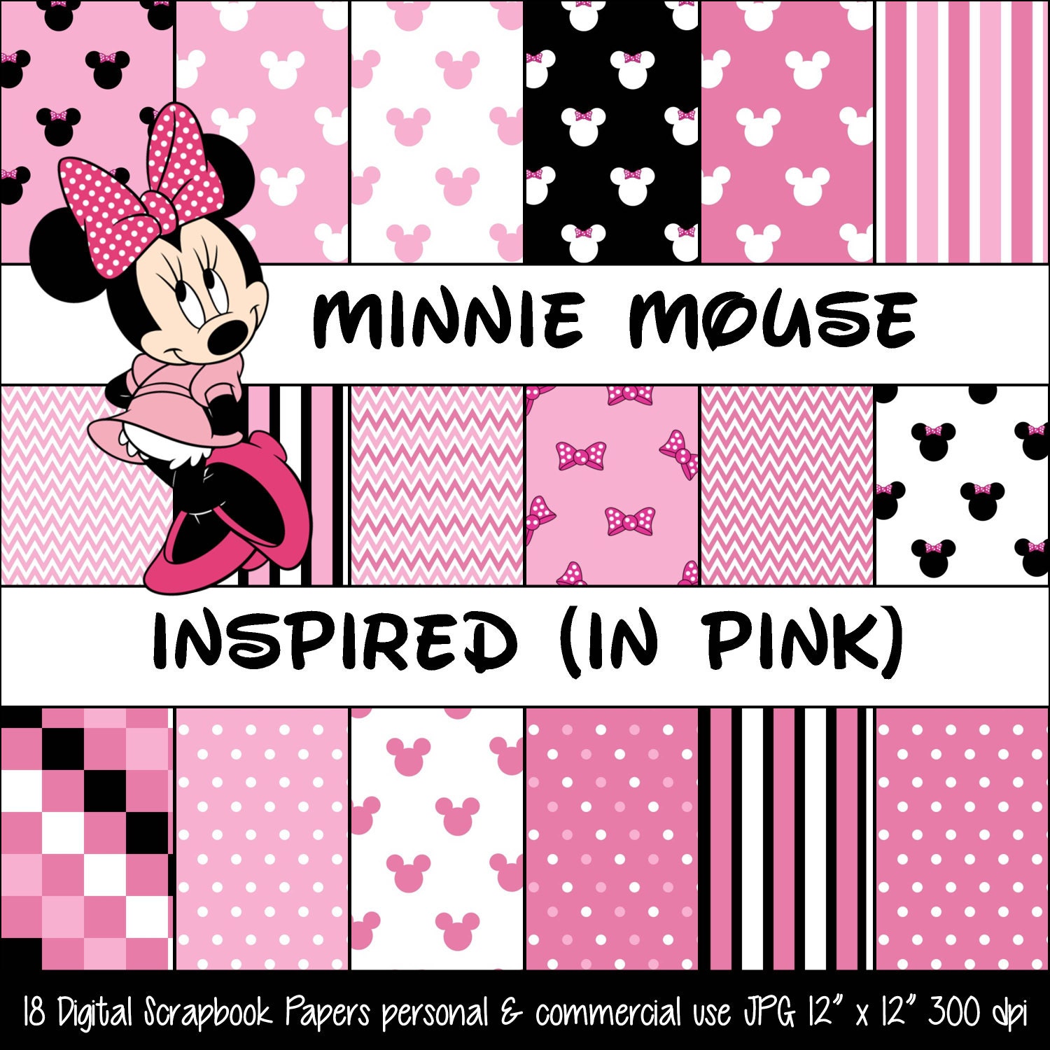 Minnie Mouse Inspired Pink Polka Dot Bow Digital Paper Pack Etsy