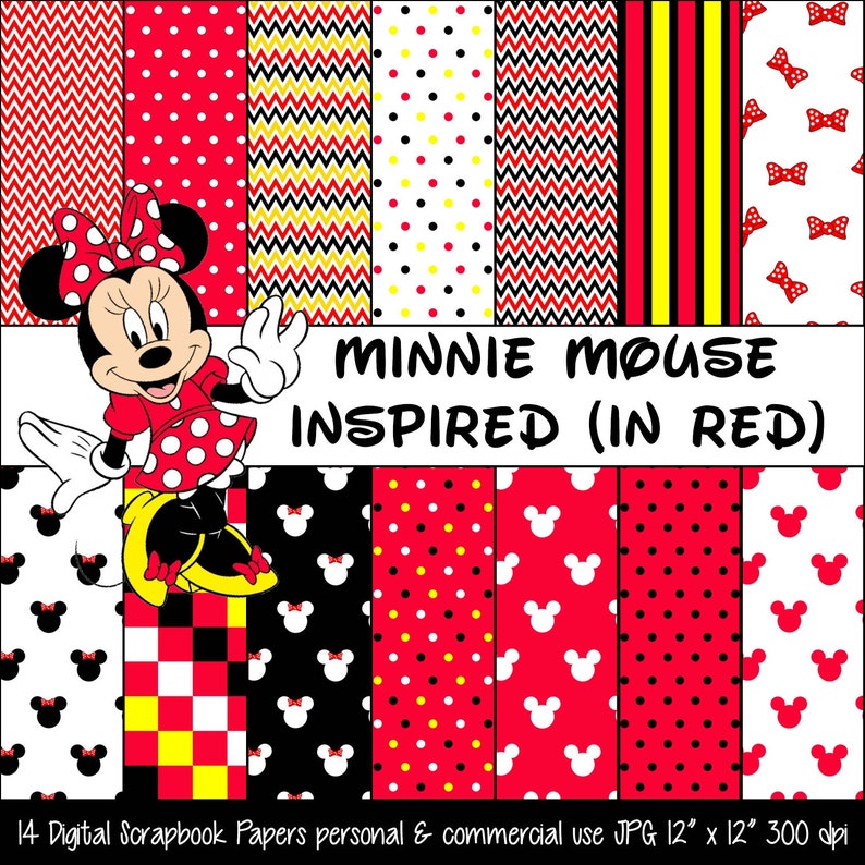 Minnie Mouse Inspired Red Polka Dot Bow Digital Paper Pack Backgrounds Scrapbook Disney Invitations Printables Wdw For Princess Party