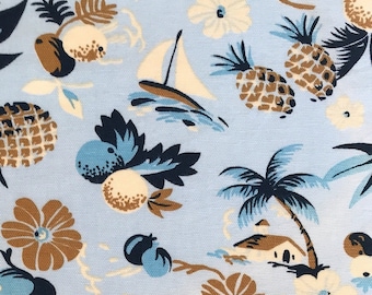 Tela tropical hawaiana de mezcla de algodón y poliéster, tela de algodón y poliéster, estampado floral hawaiano, piñas, palmeras y veleros.