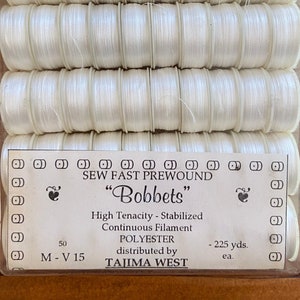 Prewound Embroidery White Thread Bobbins Size M 50 Count, High Tenacity Stabilized, Continuous Filament 15 Weight Polyester, 225 Yards Each