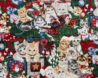 Tela con gatos navideños, gatos con gorros de Papá Noel, tela navideña, tela de algodón para acolchar, tela con gatitos navideños, Robert Kaufman, 99 cm (39 pulgadas)