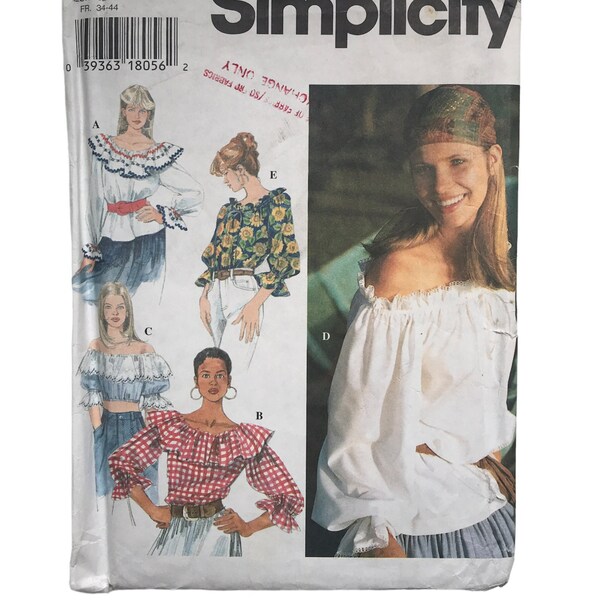 Vintage Women’s Top Sewing Pattern, 1996 Simplicity 9582, Size XS S M, Uncut FF, Off Shoulder Blouse, Cropped Peasant Top, Ruffled Neckline