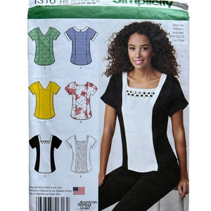 May include: A sewing pattern for a women's top with a square neckline. The pattern includes five different styles of tops, including a black and white top with a decorative neckline, a yellow top, a floral print top, a blue and white gingham top, and a green top with a paisley print. The pattern is from Simplicity and is size H5, US sizes 6-14, EU sizes 32-40.