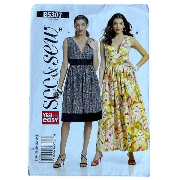 Women’s Sleeveless V-Neck Dress Sewing Pattern, Butterick B5307, Womens Size 16 18 20 Cut to Size 20, Complete, Knee or Midi Length Sundress
