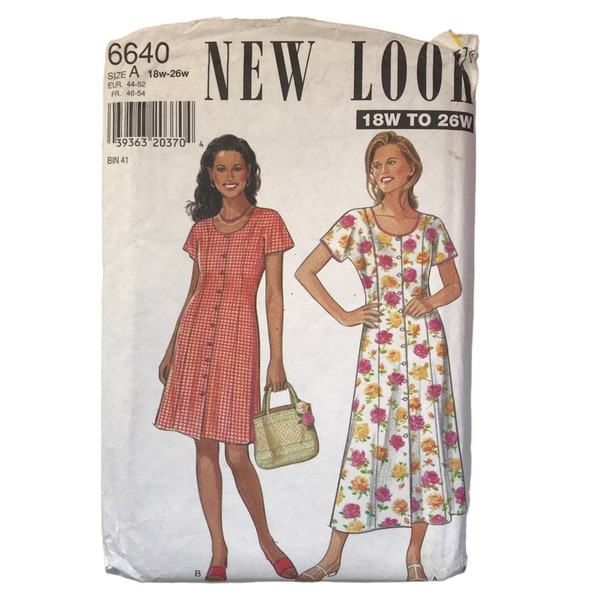 Button Up Dress Sewing Pattern, New Look 6640, Womens Sizes 18w 20w 22w 24w 26w, Uncut FF, Above Knee or Calf Length Short Sleeve Dress