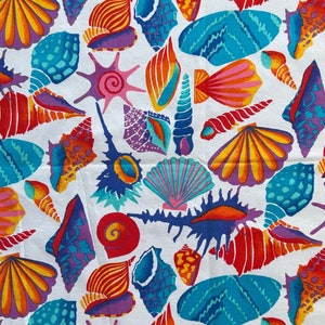 Colorful Seashells Fabric, Rainbow Rascals by Hoffman California 100% Cotton Quilting Fabric 1 Yard, Sea Life Ocean Beach Tropical Fabric