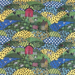 May include: A colorful fabric pattern featuring a whimsical farm scene. The design includes rolling green hills, red barns, houses, cows, chickens, and checkered patterns in yellow, blue, and green. The overall theme is a cheerful, pastoral landscape.