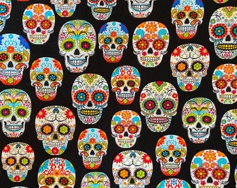Suikerschedels Dia De Los Muertos-stof, Halloween-oktober-schedelstof, modieuze stoffen, 100% katoenquiltstof op maat gesneden