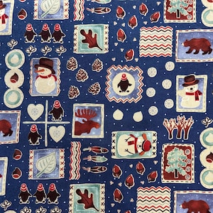 Vintage Winter Forest Christmas Fabric, 1999 Nicole de Leon for Alexander Henry, Fabric by the Yard, Reindeer, Penguins, Snowflakes, Snowmen