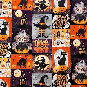 Halloween Fabric, Boo Y&#39;all, Half Yard Fabric, 100% Cotton Quilting Fabric, Jack O Lantern, Black Cat, Witches Broom, Haunted House, Potions