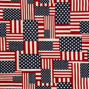 American Flags Fabric, Patriotic Americana Fabric, Cotton Quilting Fabric by the Yard, USA Fabric, Freedom Flag Blocks, Stars & Stripes