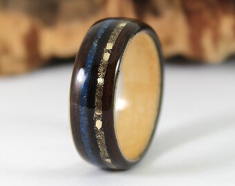 Ebony & Maple Wood Ring with Gold Dust And Blue Lapis.  Handmade Bentwood Ring For Men or Women. Natural Wedding Ring.  Can Be Engraved.
