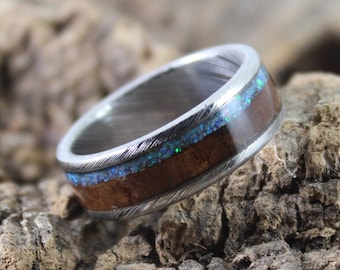 Damascus Walnut Ring with Blue Opal Inlay - Mens Wedding Band - Damascus Steel Ring - Bentwood Ring