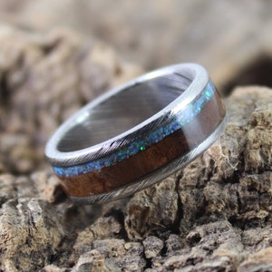 Damascus Walnut Ring with Blue Opal Inlay - Mens Wedding Band - Damascus Steel Ring - Bentwood Ring