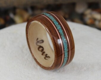 Rosewood & Maple Wood Ring With Turquoise + Copper, Wooden Rings, Mens Wood Rings, Wooden Wedding Rings, Bent Wood Rings, Wooden Ring