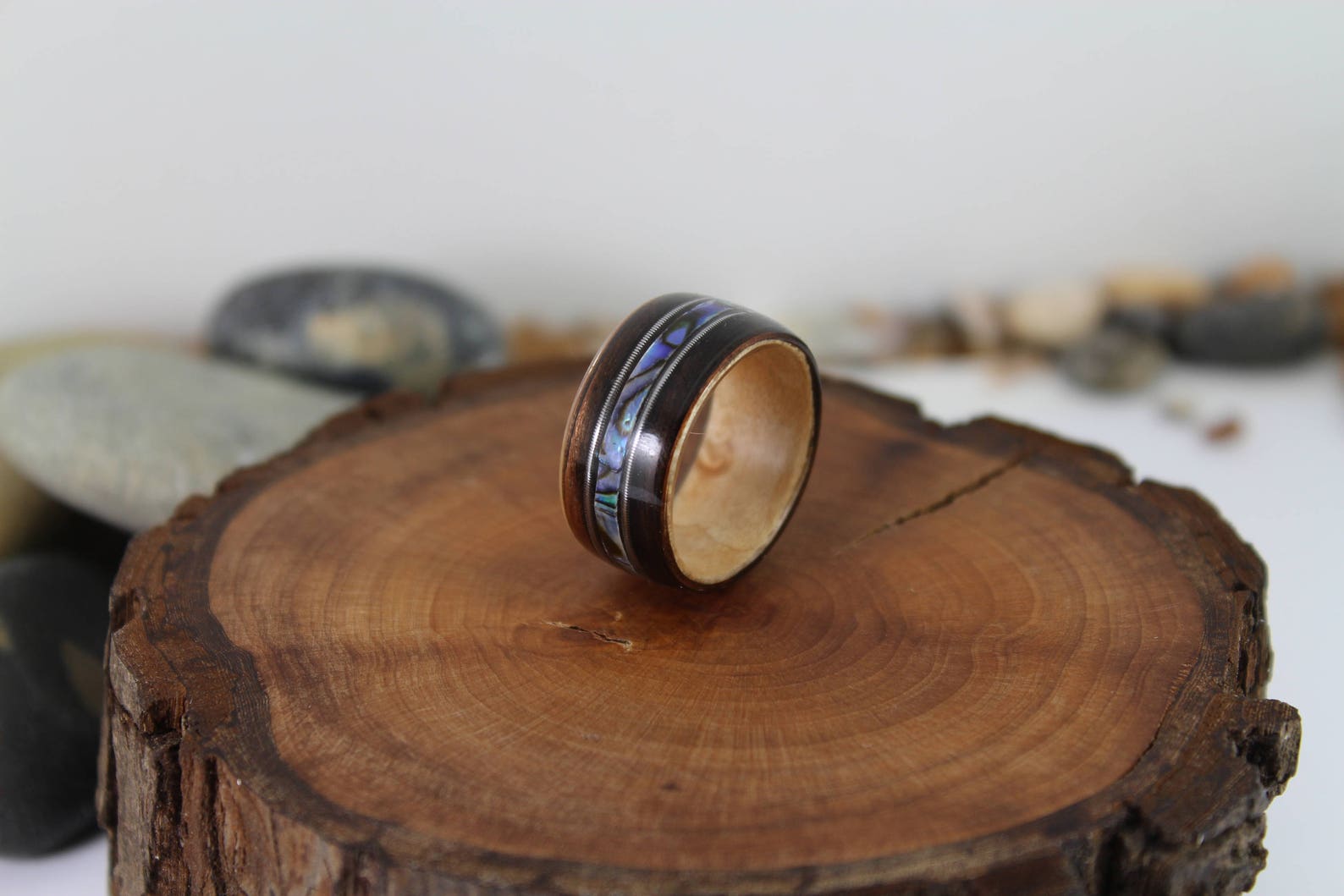 Ebony & Maple Wood Ring With Abalone + Guitar Strings, Wooden Rings ...