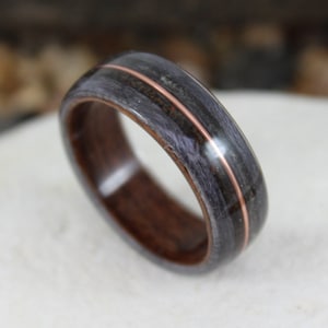 Rosewood & Grey Maple Wooden Ring with Dinosaur Bone, Meteorite and Copper inlays. Bent Wood Rings Any UK or US Size.  Dinosaur Bone Ring.