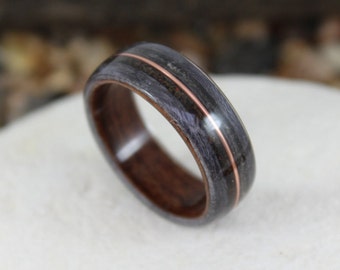 Rosewood & Grey Maple Wooden Ring with Dinosaur Bone, Meteorite and Copper inlays. Bent Wood Rings Any UK or US Size.  Dinosaur Bone Ring.