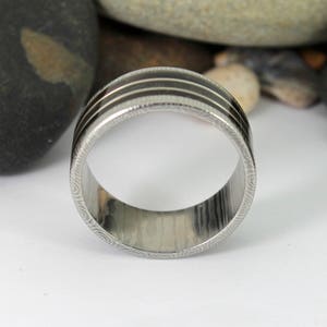 Damascus Steel Ring With Megalodon Tooth, Silver and Wood Inlay image 6