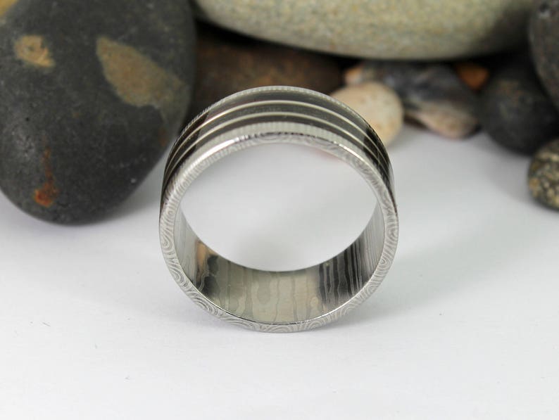 Damascus Steel Ring With Megalodon Tooth, Silver and Wood Inlay image 6