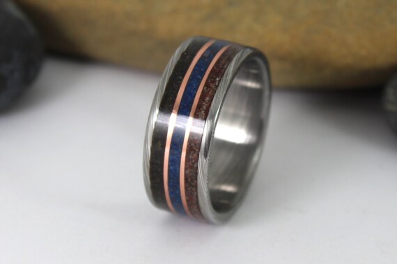 Damascus Steel Ring With Meteorite, Dinosaur Bone, Blue Lapis and Copper.  Meteorite Ring, Damascus Wedding Ring, Meteorite Jewelry