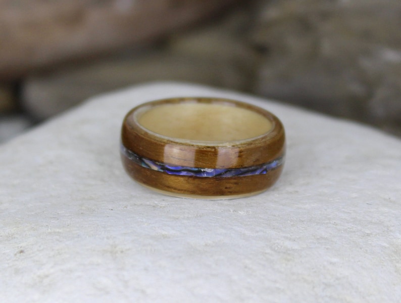 Stainless Steel Ring With Koa Wood Or Abalone Inlay - 6mm Or 8mm Width, Black Or Silver - View #5