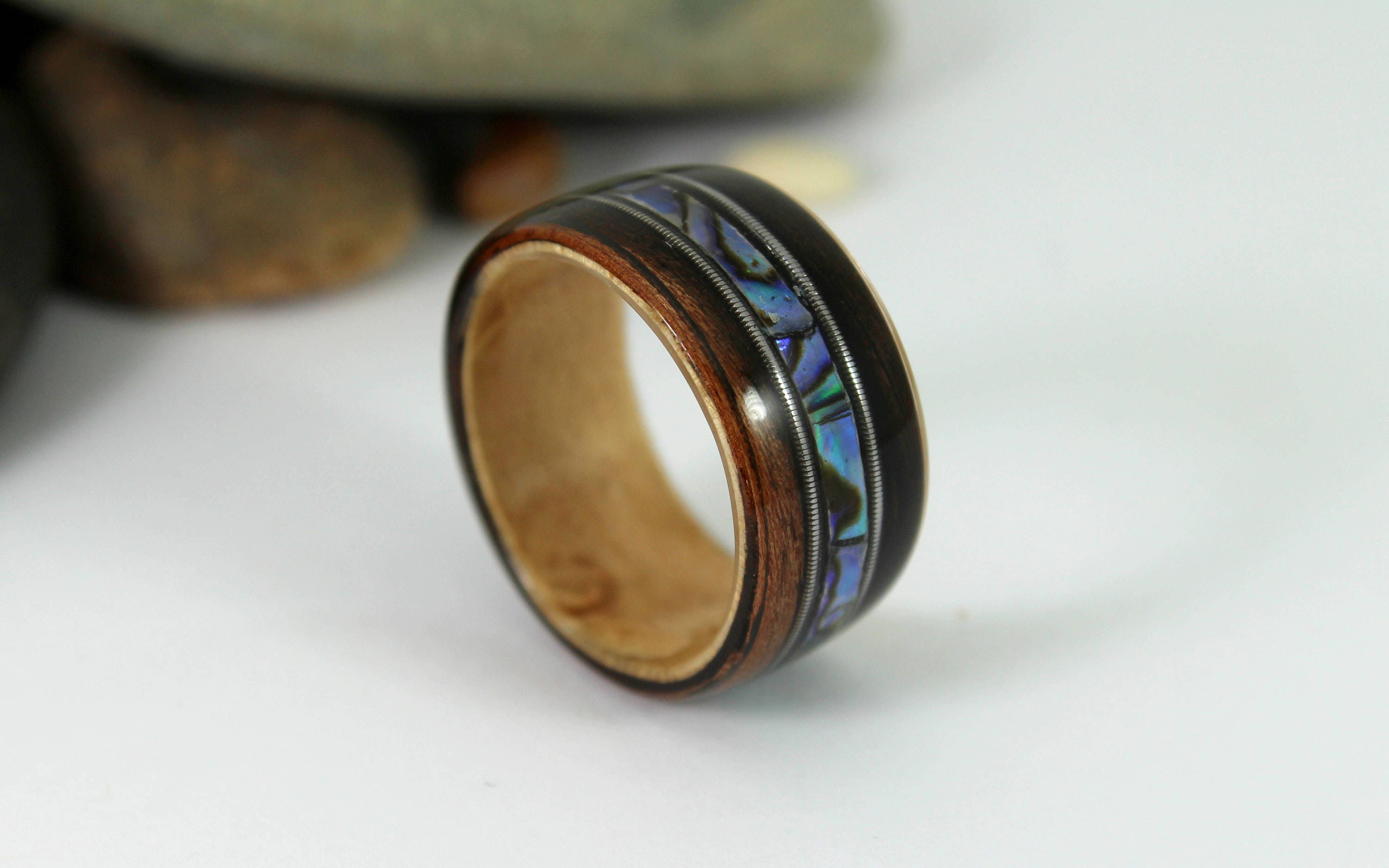 Ebony & Maple Wood Ring With Abalone + Guitar Strings, Wooden Rings ...