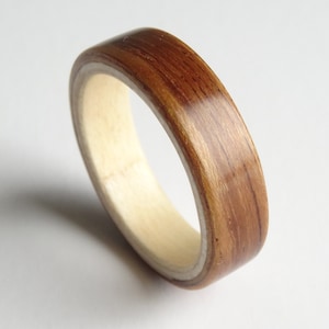 Wood Ring - Tropical Olive and Sycamore, Two Tone Bent Wood Ring Hand Made In Any UK or US Size