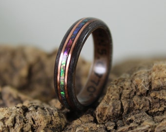 Walnut & Grey Maple Wood Ring with Rose Gold and Abalone Mens Wood Ring Wood Rings Wood Engagement Ring Wood Wedding Band Bentwood Rings