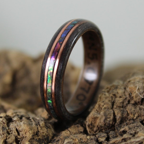 Walnut & Grey Maple Wood Ring with Rose Gold and Abalone Mens Wood Ring Wood Rings Wood Engagement Ring Wood Wedding Band Bentwood Rings