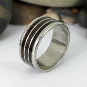 Damascus Steel Ring With Megalodon Tooth, Silver and Wood Inlay image 8