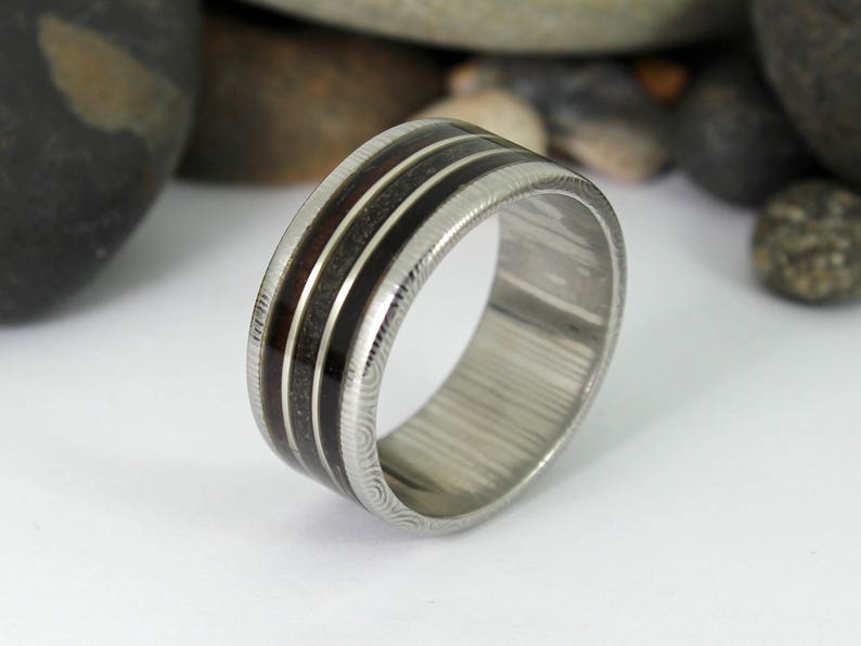 Damascus Steel Ring With Megalodon Tooth, Silver and Wood Inlay image 8