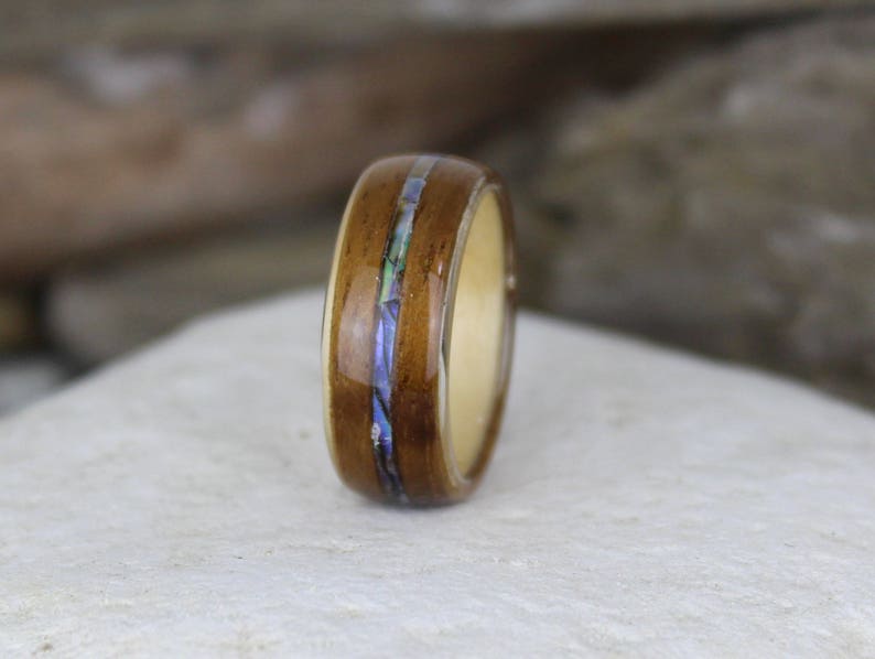Stainless Steel Ring With Koa Wood Or Abalone Inlay - 6mm Or 8mm Width, Black Or Silver - View #3