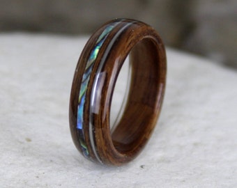 Wood Ring, Rosewood with Guitar String & Abalone, Mens Wood Rings, Womens Wood Rings, Wood Engagement Ring, Wood Wedding Bands, Wooden Rings