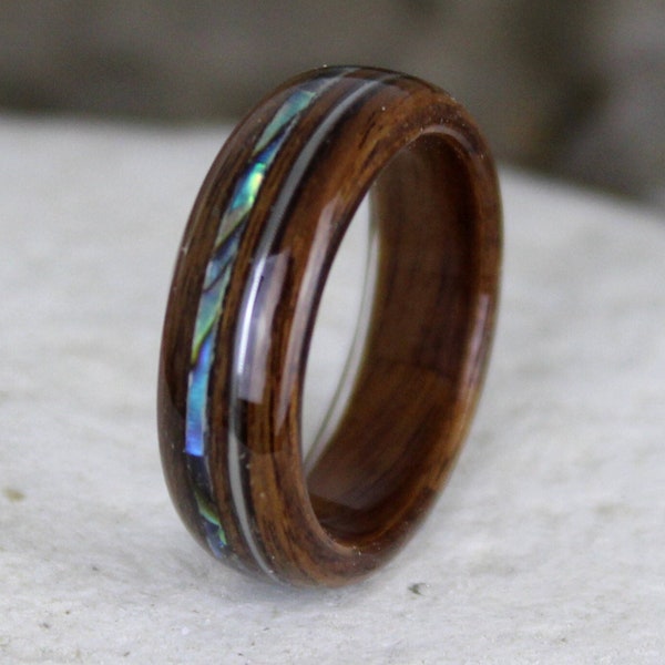 Wood Ring, Rosewood with Guitar String & Abalone, Mens Wood Rings, Womens Wood Rings, Wood Engagement Ring, Wood Wedding Bands, Wooden Rings