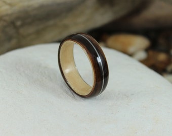 Ebony and Maple Bent Wood Ring with a Guitar String Inlay, Handmade to Any UK or US Size. Guitar String Ring, Wooden Band, Ebony Wood Ring