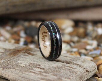 Tulip & Maple Wood Ring With Abalone + Guitar String, Wooden Rings, Mens Wood Rings, Wooden Wedding Rings, Bent Wood Rings, Wooden Ring
