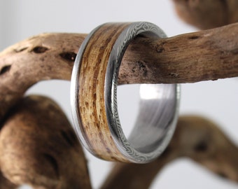 Damascus Steel Ring With Zebrano Wood Inlay, Damascus Ring, Mens Wedding Band, Mens Wood Ring, Wood Wedding Ring, Wooden Ring