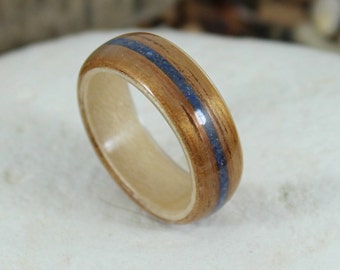 Koa Wood Ring with Maple & Blue Lapis Inlay.  Bent Wood Ring, Wooden Wedding Ring, Mens Wooden Ring, Wood Engagement Ring, Wooden Mens Rings