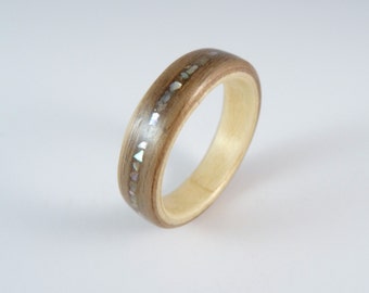 Wood Ring Walnut, Sycamore and Abalone Shell Inlay Hand Made In Any UK or US Size.  Optional Inscription or Engraving