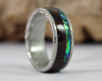 Damascus Walnut Ring with Abalone Shell Inlay - Mens Wedding Band - Damascus Steel Ring - Bentwood Ring