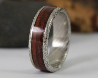 Damascus Steel Ring With  Kingwood, Mens Wedding Band, Wooden Ring, Wood Wedding Ring