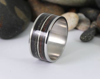 Wood Ring with Dinosaur Bone, Meteorite and a Silver Inlay.  Steel Ring, Meteorite Ring, Dinosaur Bone Ring, Wooden Rings